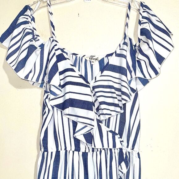 Blue White Off The Shoulders Ruffles Striped Maxi Sun Dress Size XL Womens - Picture 3 of 15